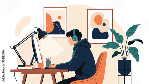 Young man in a hoodie and headphones works on his computer at a desk with art on the wall and a large indoor plant nearby.