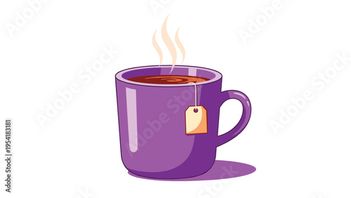 Steaming cup of hot tea in a purple mug with a tea bag tag hanging over the side, perfect for a cozy break or morning ritual.