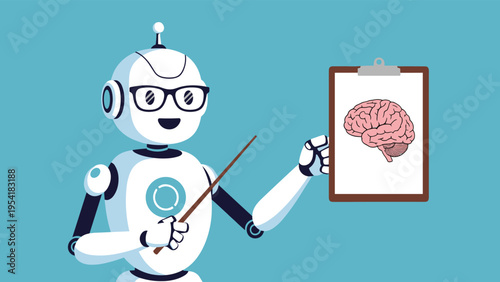 Friendly robot wearing glasses holds a pointer and a clipboard featuring a diagram of a human brain against a blue background.