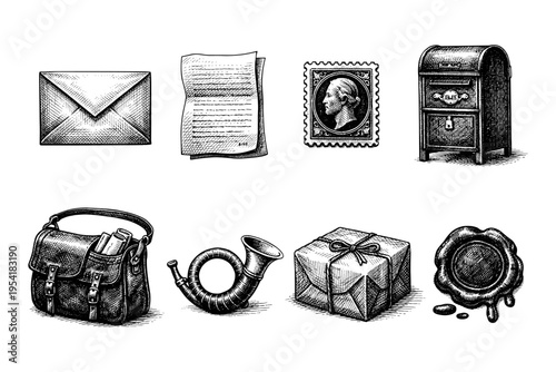 Vintage postal service icons: envelope, letter, stamp, mailbox, bag, horn, gift, and seal
