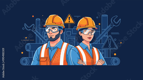 Professional male and female engineers wearing hard hats and safety vests stand together in front of blueprint and tool icons.