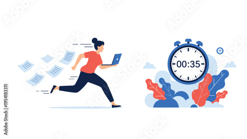 Busy businesswoman runs quickly while carrying a laptop and documents, as a nearby stopwatch indicates a tight time deadline.