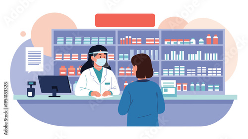 Pharmacist wearing a protective face shield and mask assists a customer at a pharmacy counter stocked with various medicines.