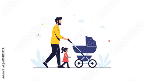 Caring father walks with his young daughter while pushing a baby stroller, showing family time and outdoor parenting.