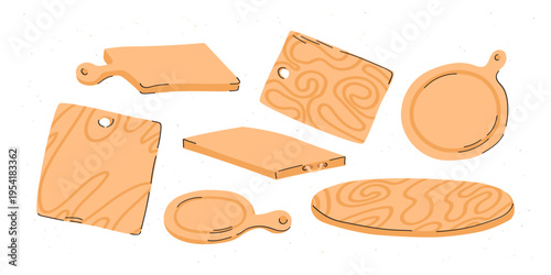 Wooden chopping board set. Cutting kitchen boards collection. Vector illustration isolated on white.