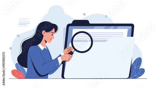Professional woman uses a large magnifying glass to carefully inspect digital files inside a giant folder on a screen.