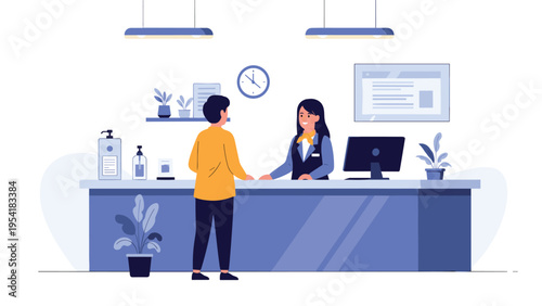 Man speaks with a friendly female receptionist at a clean modern service counter in an office, clinic, or hotel lobby.