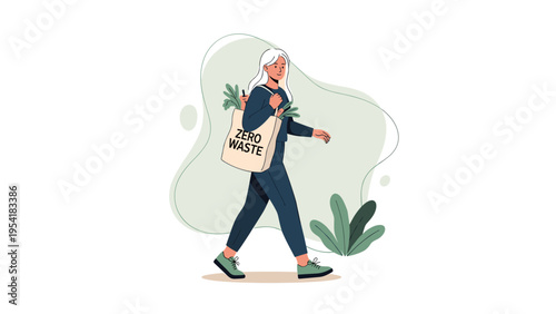 Environmentally conscious woman walks while carrying a reusable tote bag labeled Zero Waste filled with fresh vegetables.