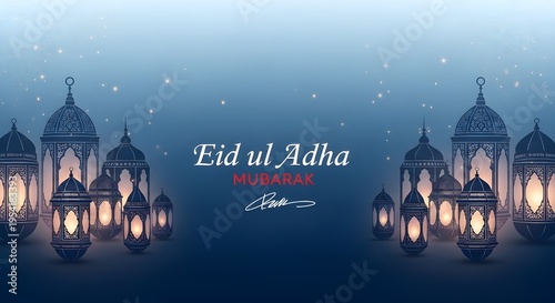 Eid ul adha mubarak greeting with lanterns and mosques