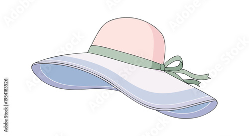 Vector illustration of a pink and white sun hat with green ribbon