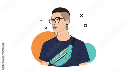 Stylish young person with glasses and a trendy teal fanny pack looking to the side against a colorful abstract background.