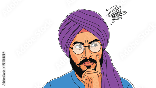 Portrait of a bearded man wearing a purple turban and glasses looking thoughtful with a scribble bubble above his head.