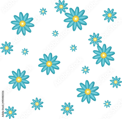 Seamless vector pattern of scattered blue daisy-like flowers with yellow centers, varying in size, on a clean white background, ideal for spring and summer designs, textiles, web graphics