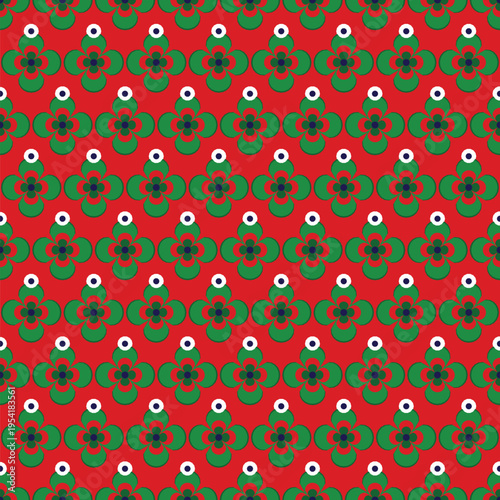 Seamless vector pattern with repeating green and black four-petal floral shapes and white centers on a vibrant red background, ideal for festive, holiday, or decorative designs, textiles