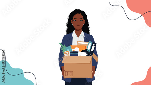 Sad African American business woman holding a cardboard box filled with office supplies after losing her job at work.