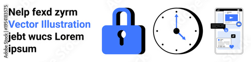 Data protection, time tracking, digital communication, online privacy, technology, user interaction. Features a lock, clock and smartphone. Data protection and time tracking concept