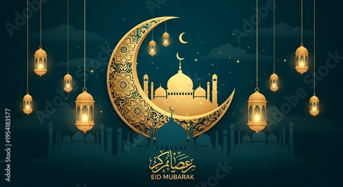 Ramadan kareem islamic golden crescent moon mosque lanterns