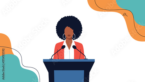 Confident African American woman standing behind a podium with microphones giving a public speech at a presentation.