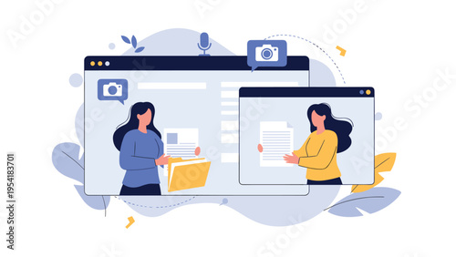 Digital concept of online file sharing and cloud storage showing two women interacting with folders through screens.