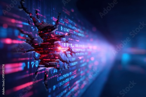 A digital wall of code is shattered by a hole, symbolizing a cyber attack or data breach in a futuristic, high-tech environment.