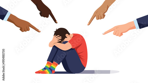 Sad child sitting on the floor hugging his knees while many hands point at him representing social bullying or shaming.