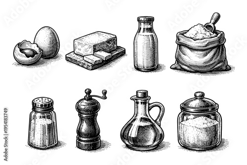 Vintage illustration of baking ingredients and condiments in a scratchboard style