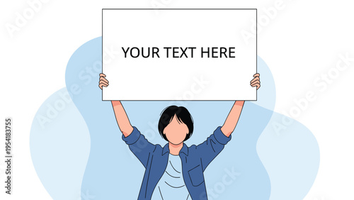 Person holding up a large blank white rectangular sign above their head for custom text or advertising messages.