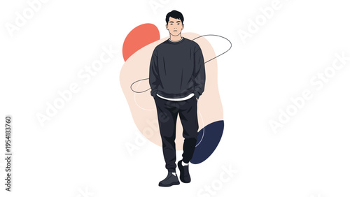 Full length portrait of a stylish young man wearing a dark grey casual tracksuit and sneakers on an abstract background.