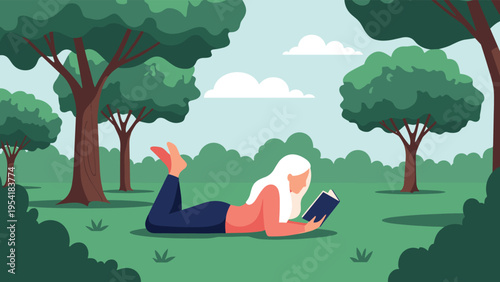 Relaxed woman lying on the grass in a lush green park reading a book surrounded by trees under a clear sky.