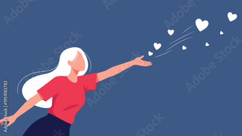 Graceful blonde woman with long hair reaching out and blowing white heart shapes into a dark blue background sky.