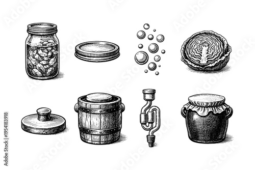Vintage illustration of fermentation and preservation tools and ingredients