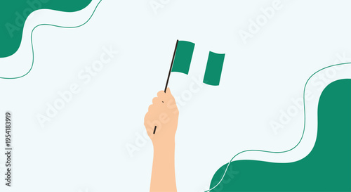 Hand holding the national flag of Nigeria against a stylish green and white background, symbolizing patriotism and national pride.