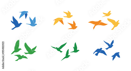A collection of stylized birds in flight rendered in vibrant blue yellow and green