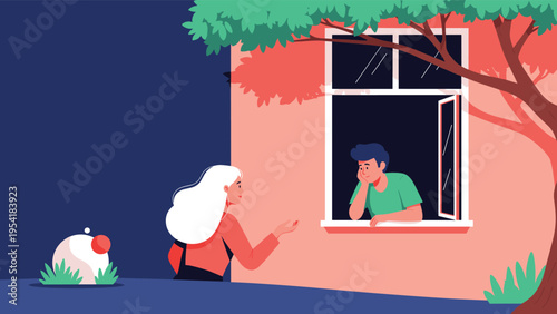 Romantic scene showing woman standing outside talking to man leaning out of apartment window at evening time.