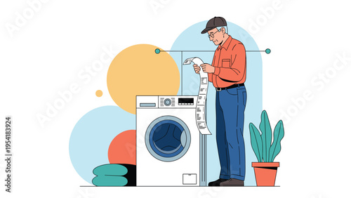Senior man wearing glasses and cap standing next to washing machine while carefully reading long paper receipt.
