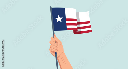 Illustration of a hand proudly holding and waving the Lone Star flag, the official state flag of Texas, on a light blue background.
