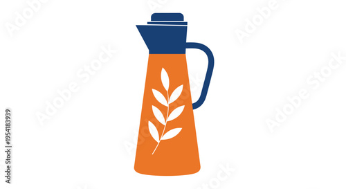 Minimalist orange and blue thermos with a simple white leaf decoration, isolated on a clean white background for a retro look.