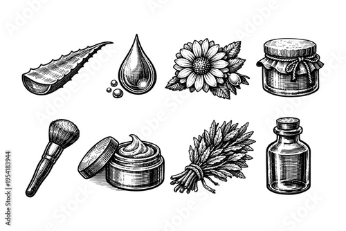 Vintage botanical ingredients and cosmetic tools for natural skincare and beauty products