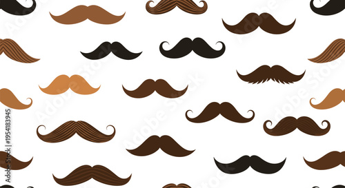 Fun seamless repeating pattern with a variety of mustache styles in different shapes and brown shades for a quirky, retro design.