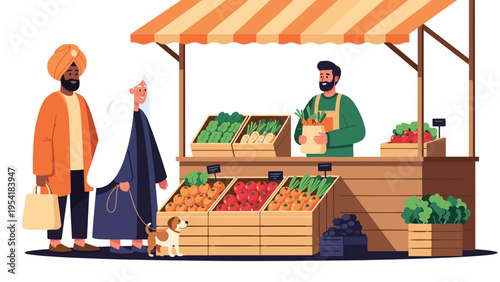 Diverse couple with pet dog shopping for fresh organic vegetables at local outdoor farmers market stall with vendor.