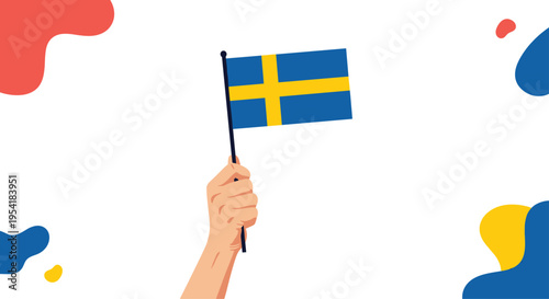 Patriotic hand holding the national flag of Sweden with its yellow cross against an abstract background with colorful fluid shapes.
