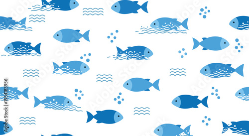 Cute seamless marine pattern with stylized blue fish swimming among waves and bubbles, creating a simple nautical background design.