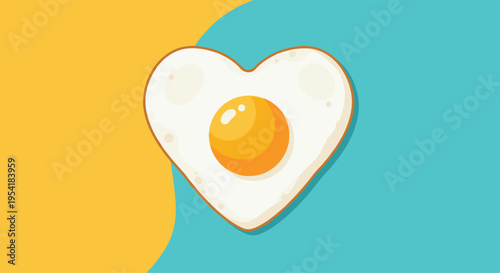 Creative illustration of a fried egg shaped like a heart with a bright yellow yolk, set on a colorful yellow and blue background.
