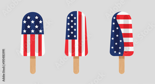 Festive set of three patriotic popsicles decorated with the stars and stripes of the American flag for 4th of July celebrations.