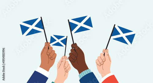 Supportive group of multicultural hands holding and waving the national flag of Scotland, celebrating Scottish pride and heritage.