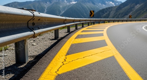 Mountain switchback curve with yellow warning markings and guardrail along winding road. Mountain scenery complements switchback curve for road safety.