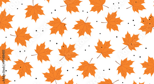Simple and elegant seamless autumn pattern with scattered orange maple leaves and black dots on a clean white background design.