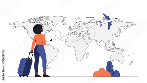 Woman with suitcase standing in front of world map with airplane flight path planning international travel journey.