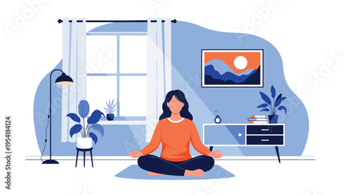 Young woman practicing yoga and meditation in lotus position in peaceful living room interior by window.