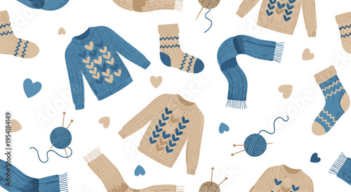 Cozy seamless winter pattern with hand-drawn knitted sweaters, socks, scarves, and balls of yarn in blue and beige colors.
